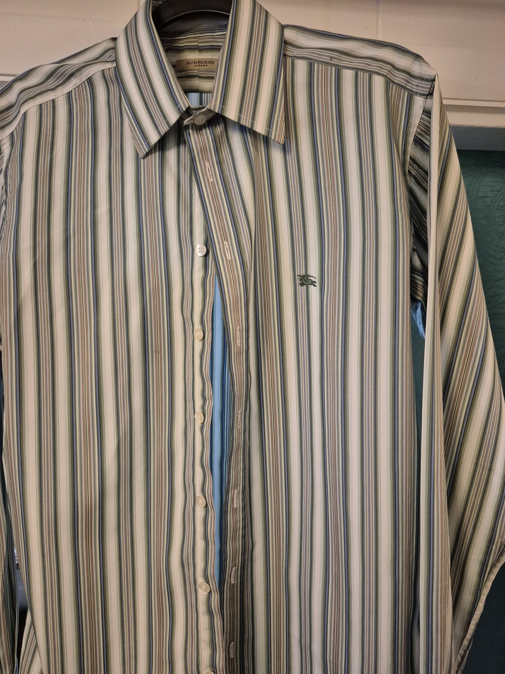 Burberry Men's Striped Dress Shirt in Green, Blue and White